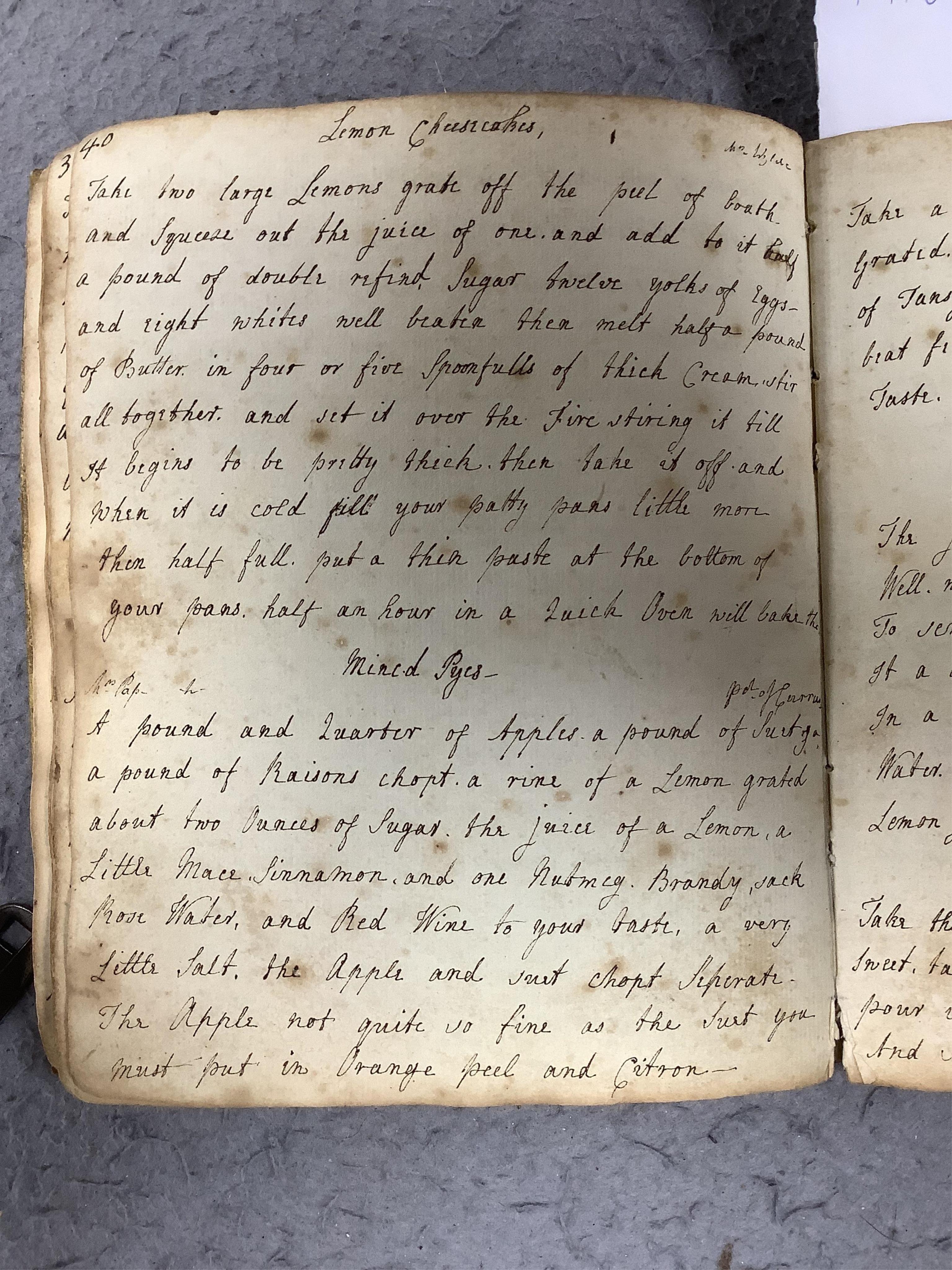 An 18th century hand inscribed book of recipes for M. Tennant. Condition - fair